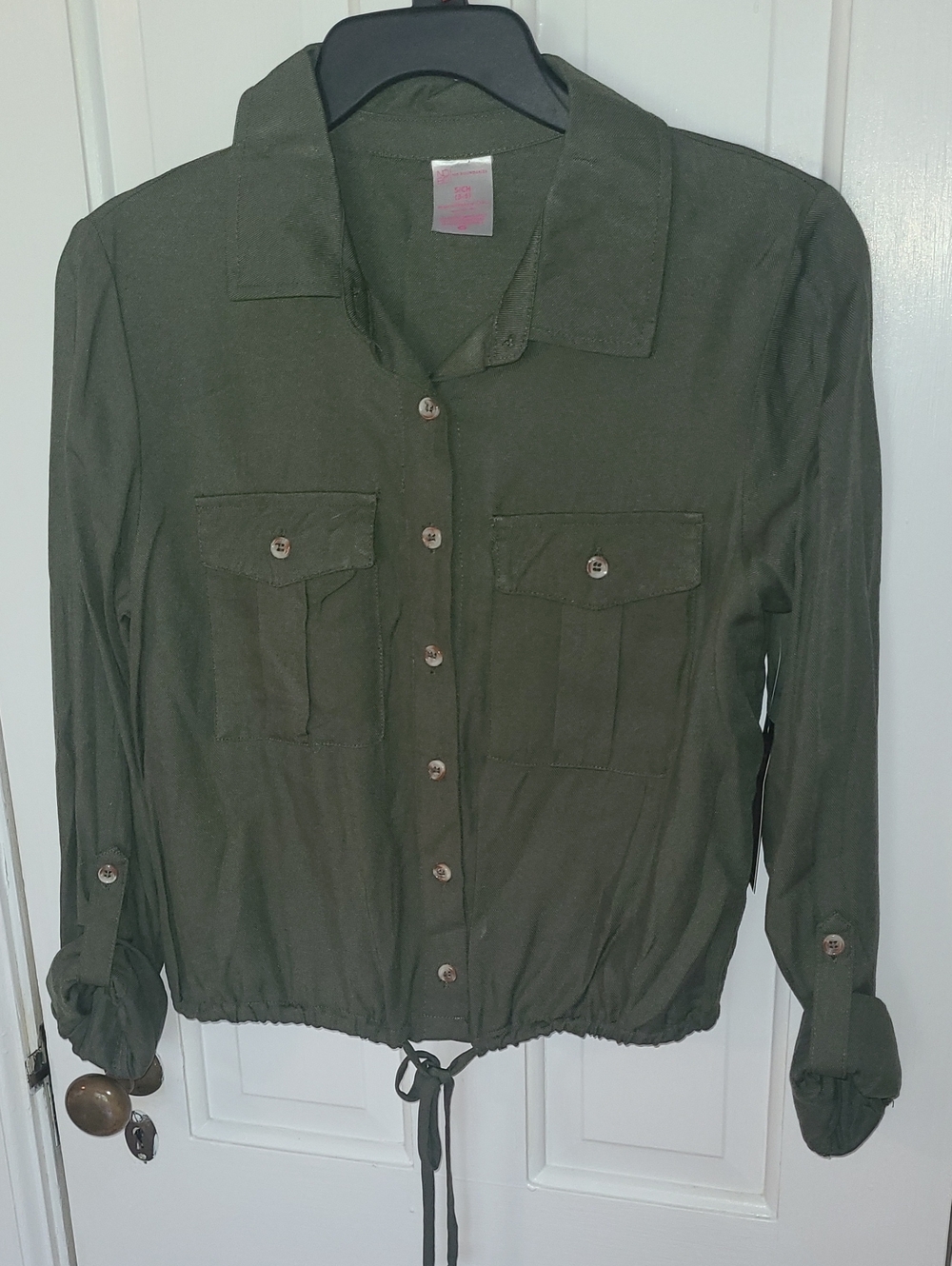 Olive Green Drawstring Button-Up Shirt, Size Small
